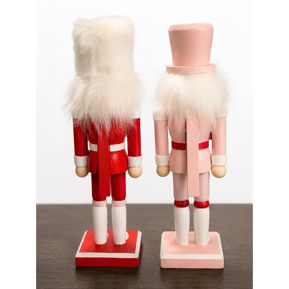 Set of 2 Pink Red Wooden Nutcracker Christmas Figures Peppermint Candy D